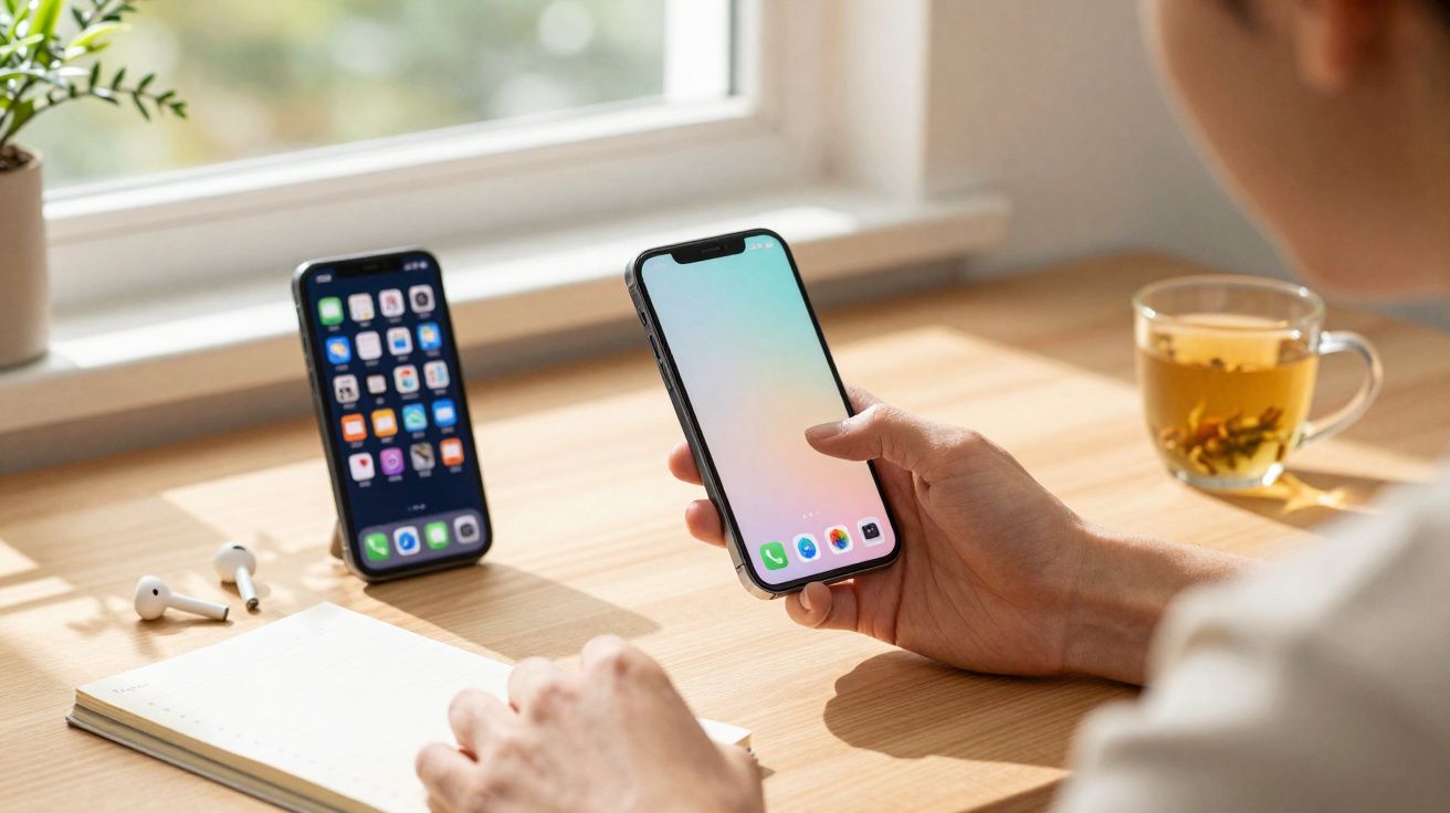 Pessoa a usar telemóvel junto a secretária com outro telemóvel, auriculares, caderno e chá perto da janela.