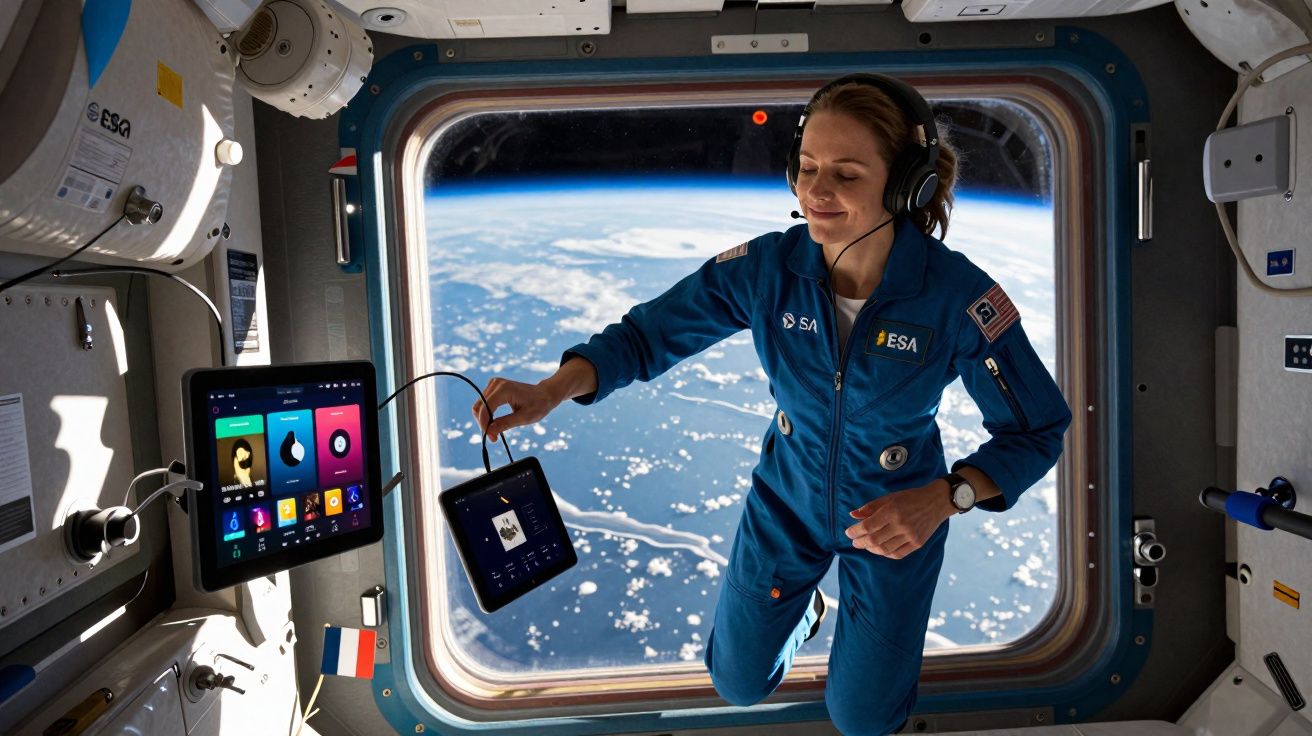 Astronauta da ESA flutua no interior da ISS com vista para a Terra através da janela panorâmica.