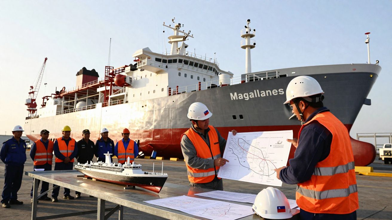 Equipa de trabalhadores portuários com coletes e capacetes a planear ao lado de modelo e navio Magallanes atracado.