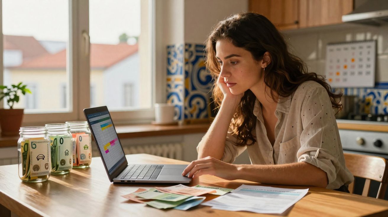 Mulher a fazer gestão financeira em casa com cofrinhos, notas, documentos e computador portátil.