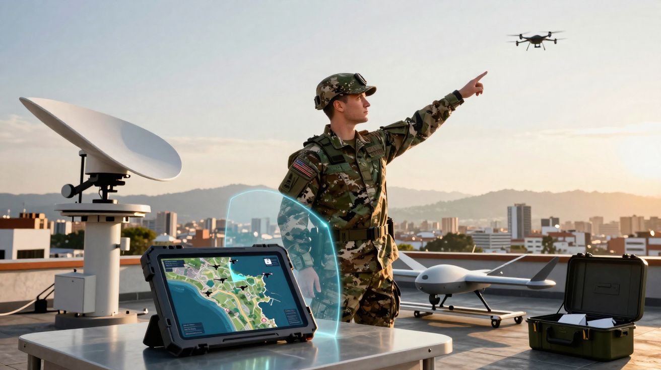 Militar em uniforme camuflado controla drone com equipamento tecnológico numa cobertura urbana ao pôr do sol.