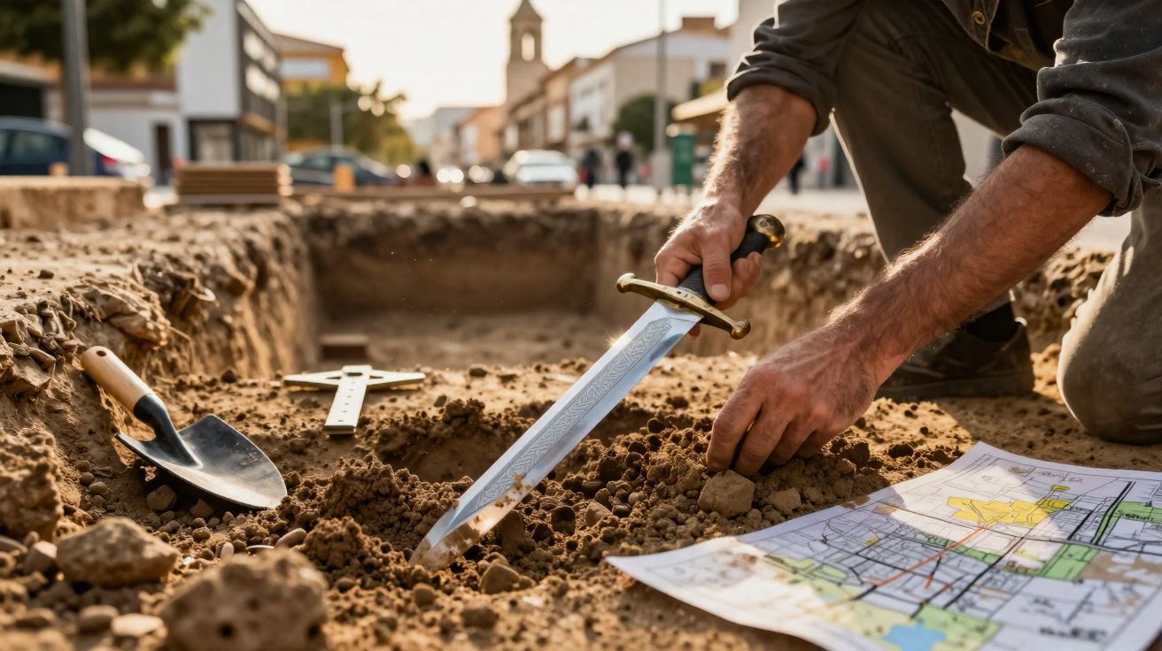 Pessoa a escavar no chão com uma adaga, perto de uma pá e um mapa espalhado na terra.