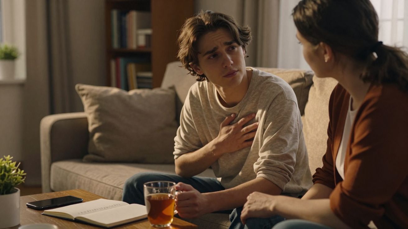 Jovem aflito fala com mulher no sofá, segurando o peito, mesa com chá, caderno e telemóvel à frente.