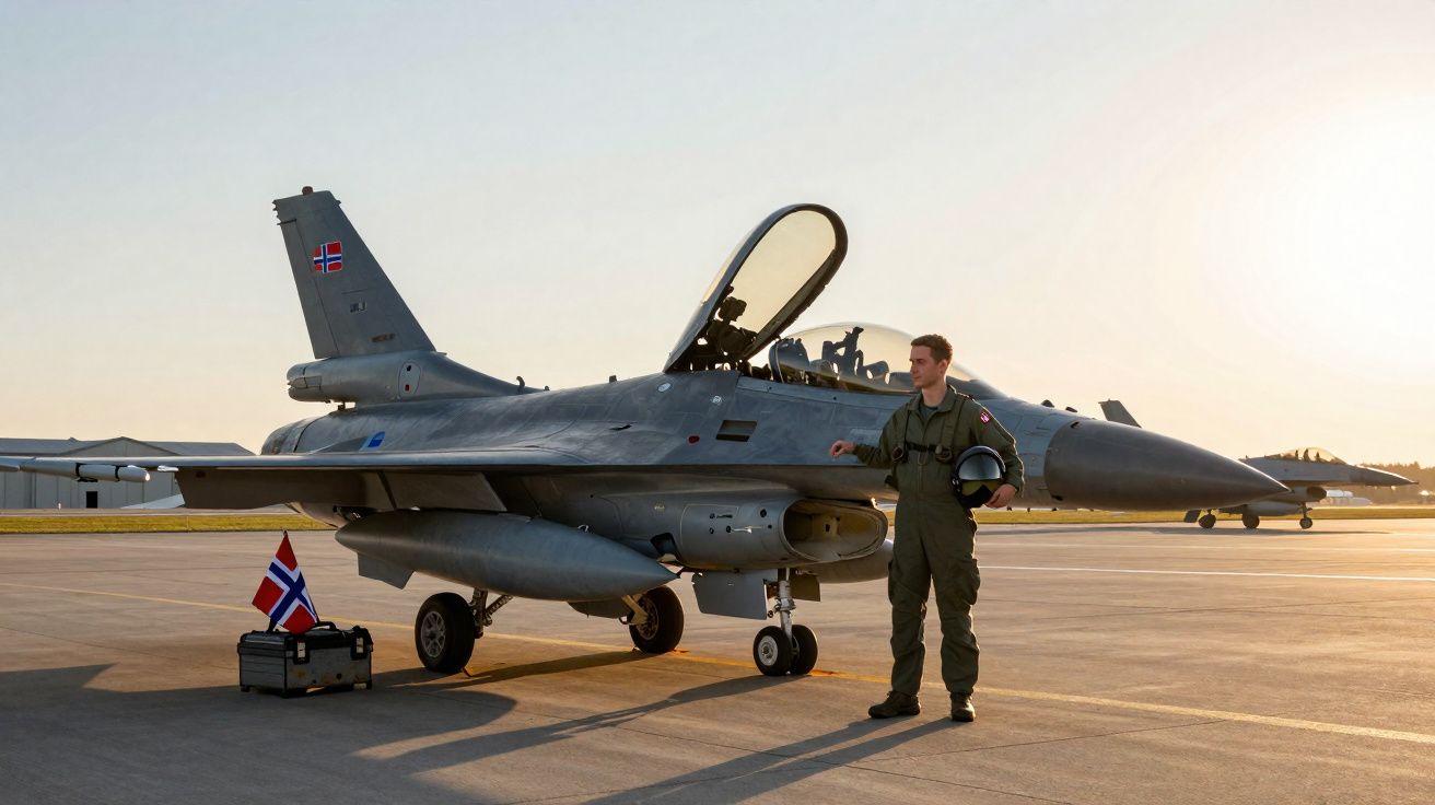 Piloto militar com fato verde está ao lado de um jato F-16 da Noruega em pista ao pôr do sol.