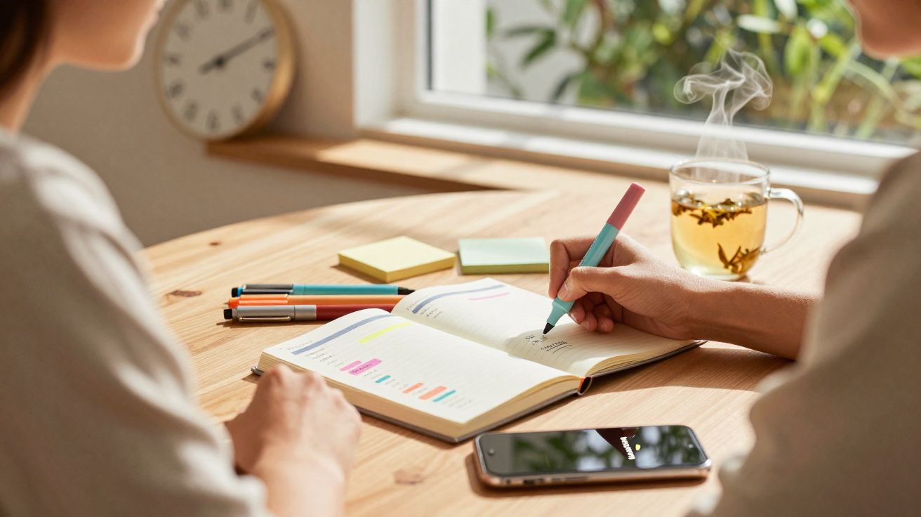 Duas pessoas a organizar notas num caderno, com canetas, folhas autocolantes, chá e um telemóvel numa mesa de madeira.