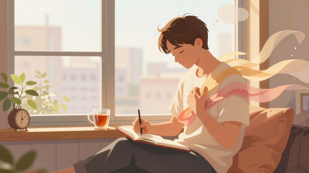 Jovem sentado ao sol junto a uma janela, escrevendo num caderno com expressão serena e cores suaves à volta.