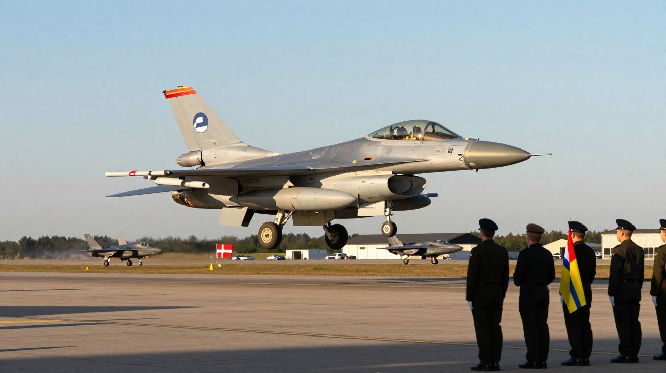 Avião militar F-16 a descolar com soldados em formação a observar em pista de aeroporto.