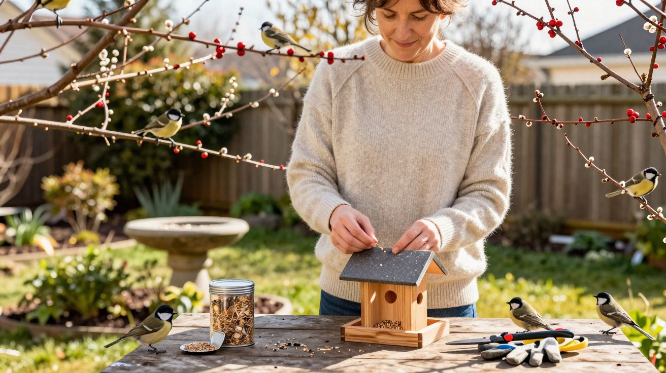 Pessoa a encher comedouro de pássaros numa mesa de madeira, rodeada por pequenas aves num jardim.