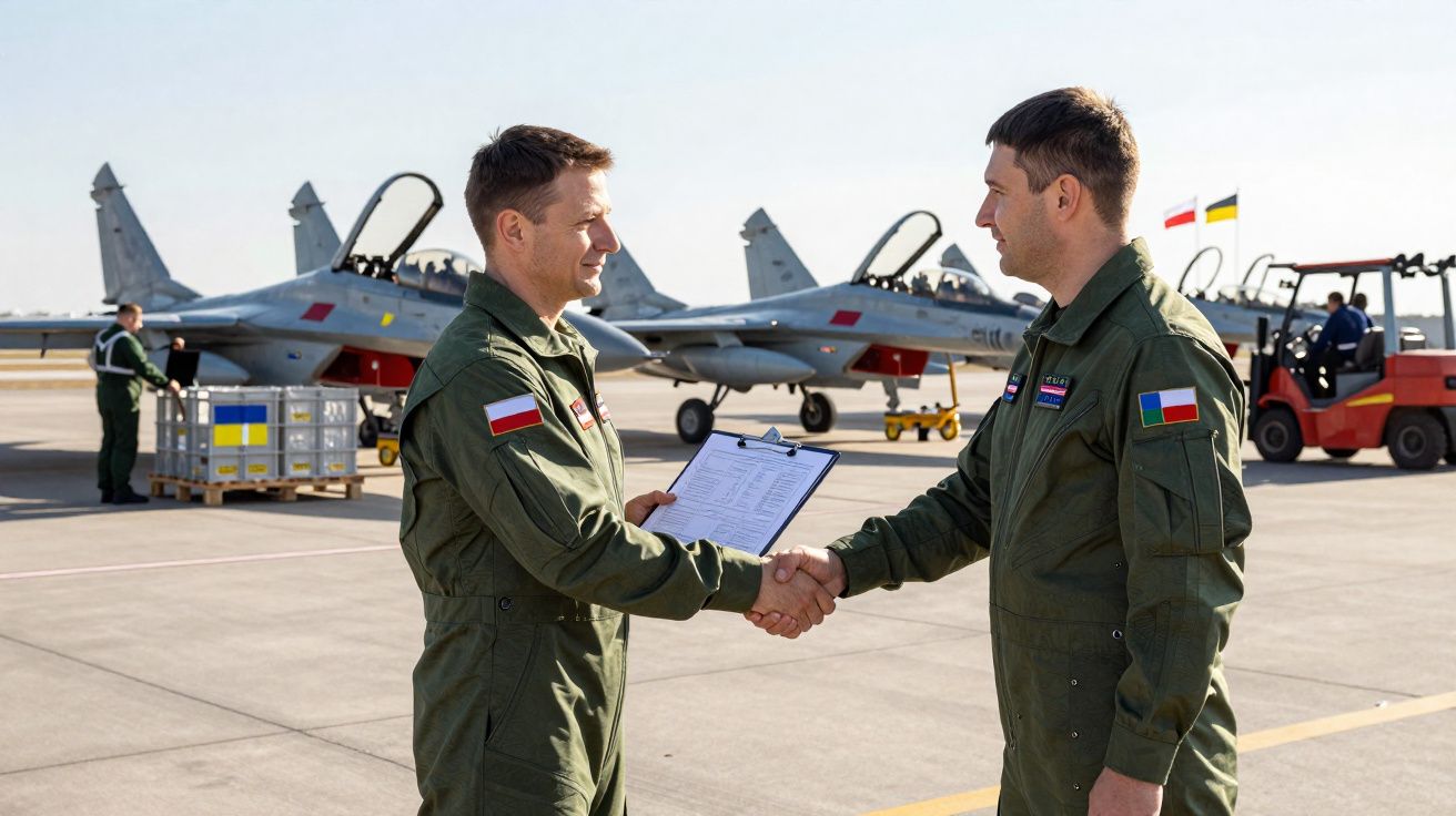 Dois pilotos militares apertam as mãos numa pista de avião com caças ao fundo.