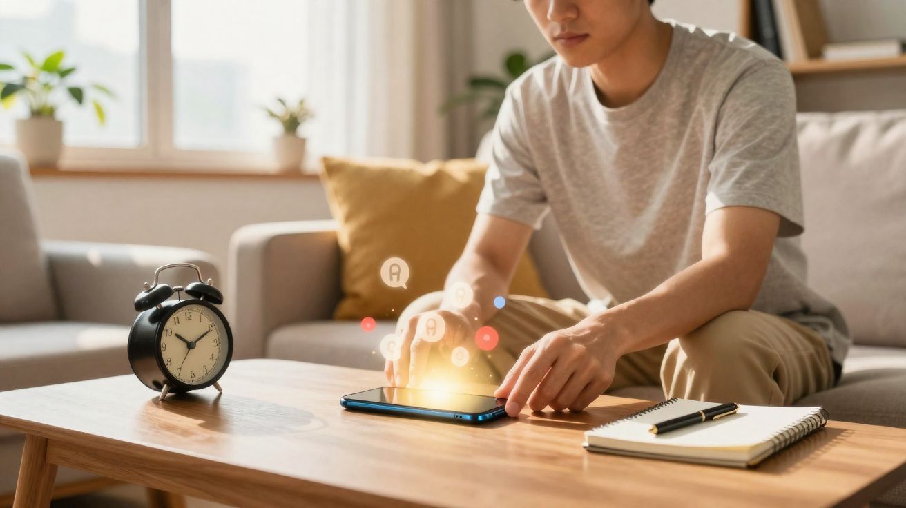 Pessoa a interagir com telemóvel numa mesa de sala, ao lado de despertador e bloco de notas com caneta.