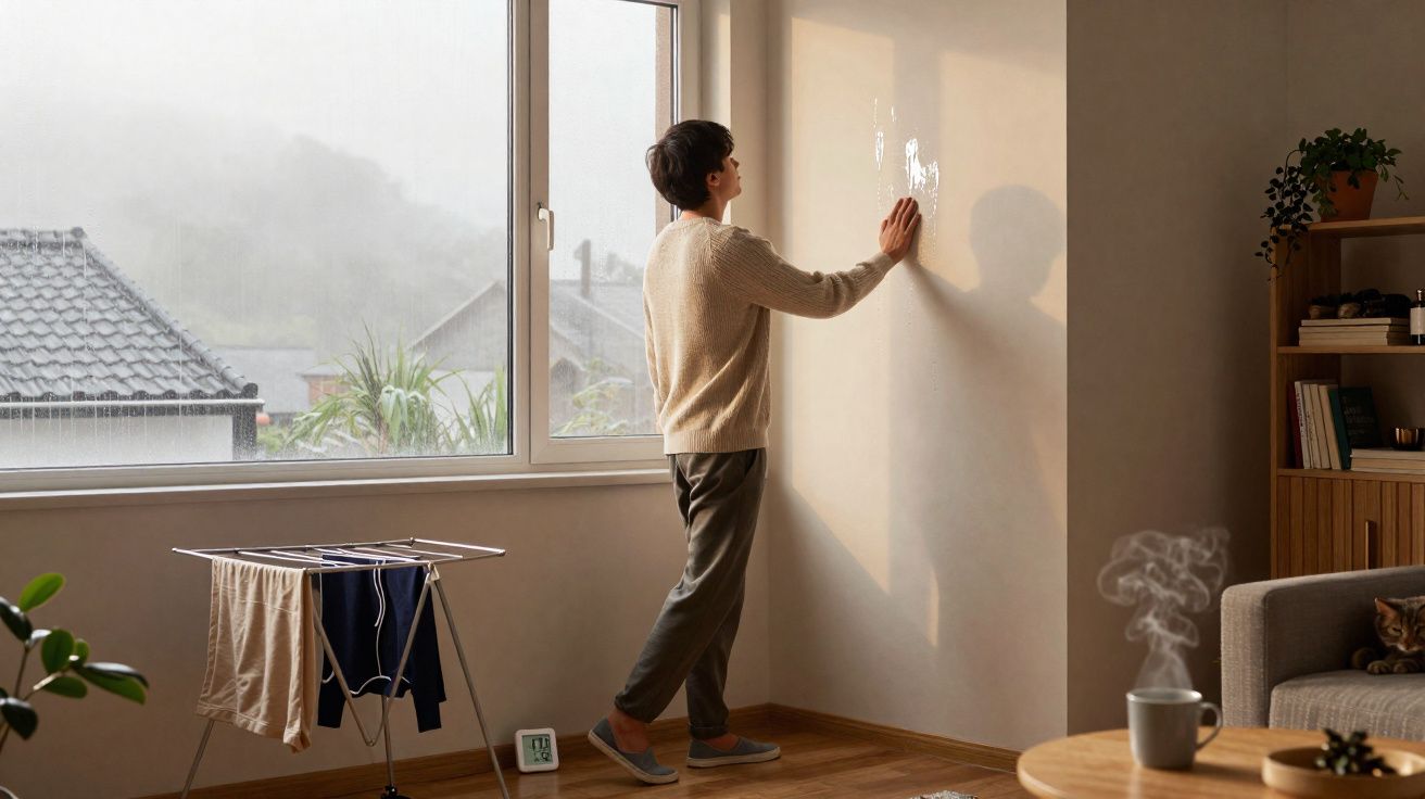 Pessoa de pé junto a uma janela grande limpa com pano, num quarto com móveis e planta.