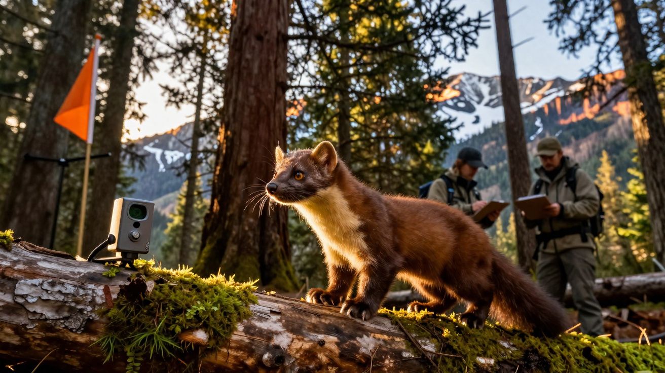 Marta-pineira sobre um tronco com montanhas e dois investigadores ao fundo numa floresta iluminada pelo sol.