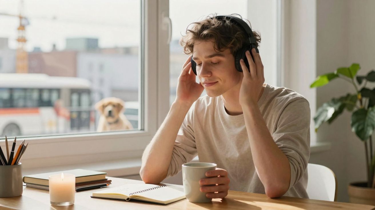 Jovem sentado à mesa com auscultadores, a beber de uma caneca, com caderno e vela acesa à frente.