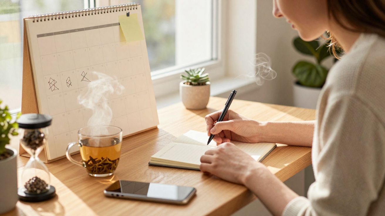 Pessoa a escrever num caderno junto a uma janela com calendário, chá quente, smartphone e plantas numa secretária de madeira.