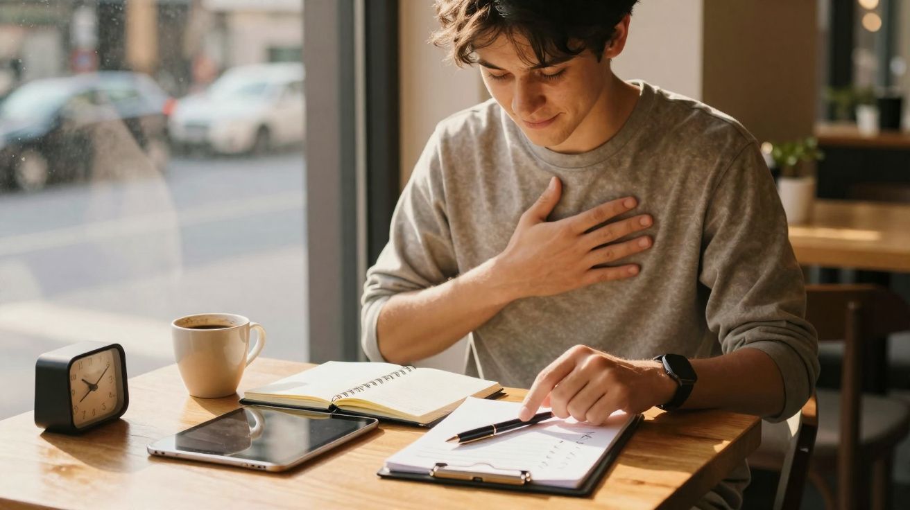 Homem jovem a estudar com caderno, tablet, caneca de café e relógio numa mesa junto à janela.