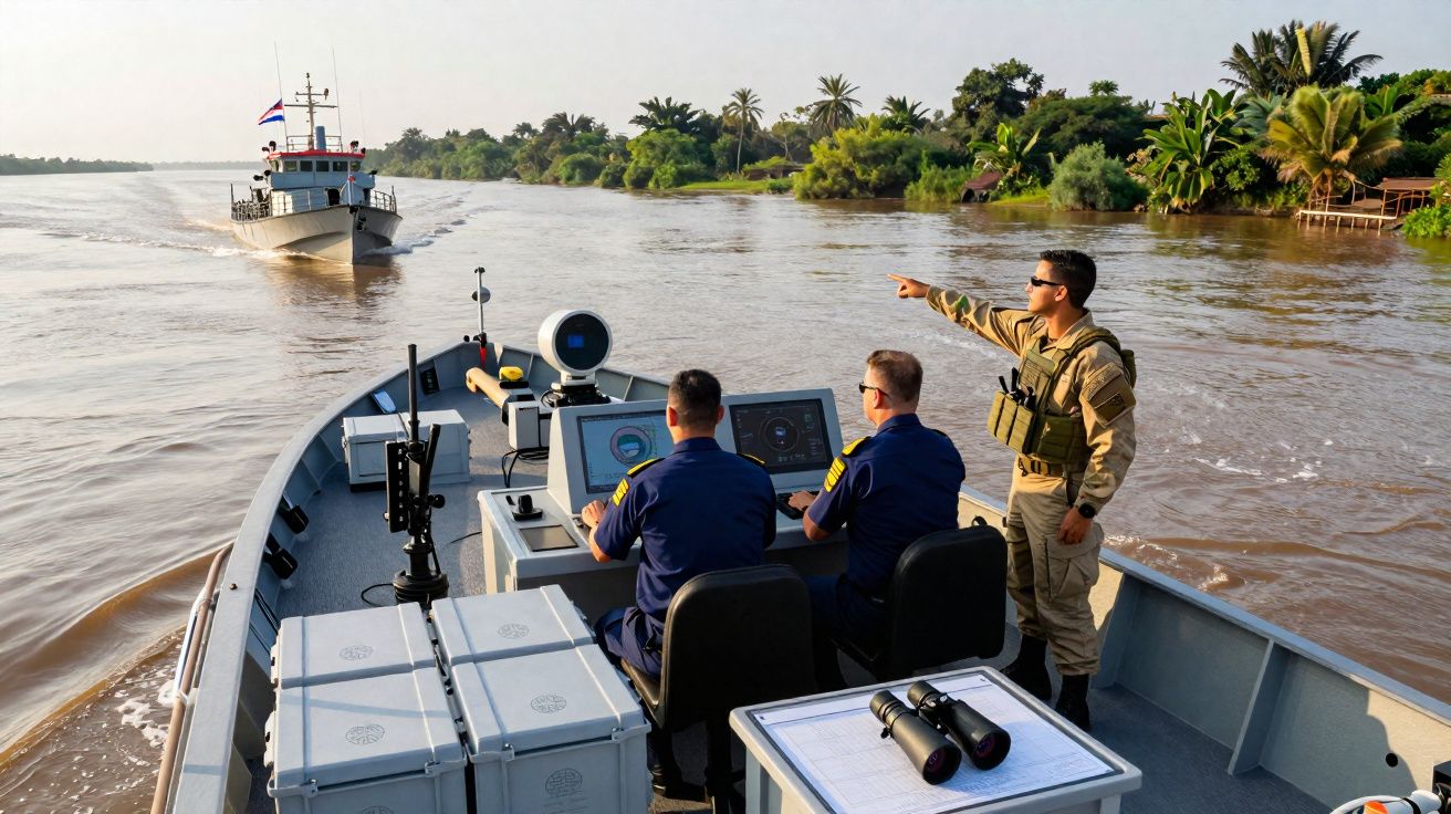 Soldados em uniforme de patrulha num barco de vigilância num rio com outro barco ao longe.