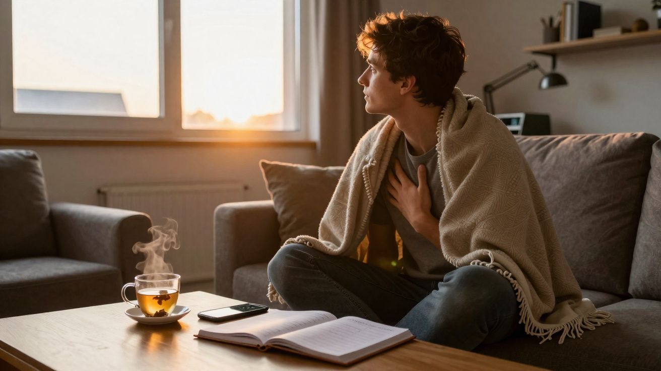 Jovem com manta sentado no sofá a olhar pela janela, com chá quente, livro e telemóvel à frente.