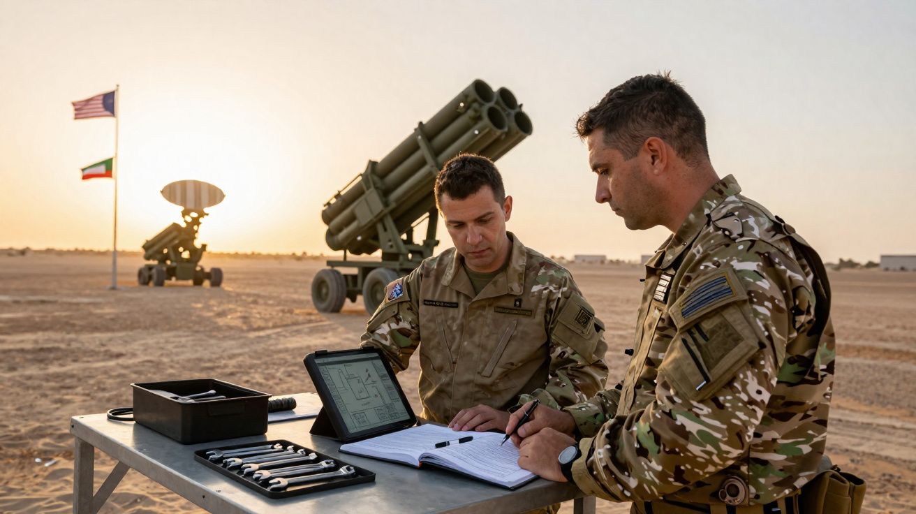 Dois soldados em uniforme militar planeiam com documentos e tablet em mesa, com equipamento bélico e bandeiras ao fundo.