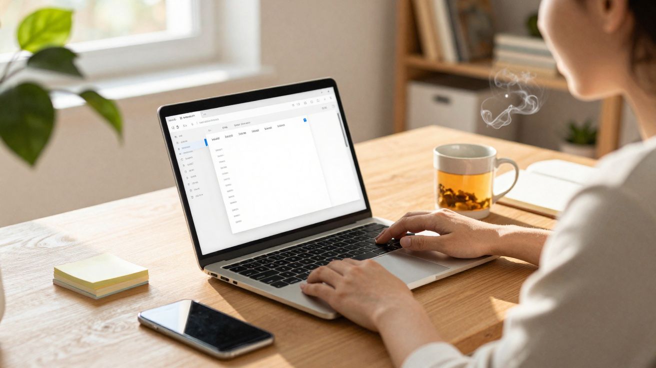 Pessoa a usar um portátil num escritório com uma chávena de chá, telemóvel e bloco de notas sobre a mesa de madeira.