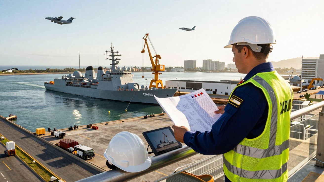 Marinheiro da Marinha em colete refletor e capacete a verificar documentos num porto com navio militar ancorado.