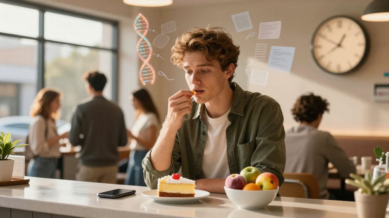 Jovem a escolher entre comer um pedaço de bolo ou frutas numa cozinha com pessoas ao fundo.