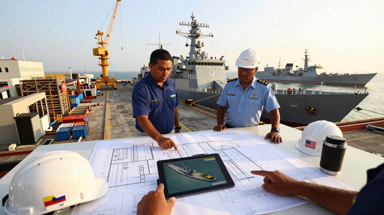 Três homens a discutir plantas e modelo 3D de navio militar num estaleiro naval, com navios ao fundo.