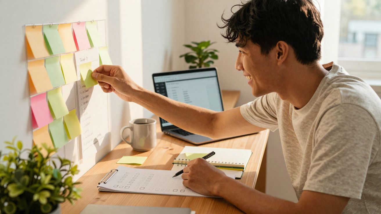 Jovem sentado a trabalhar numa mesa, colando notas autocolantes coloridas numa parede ao lado do computador portátil.