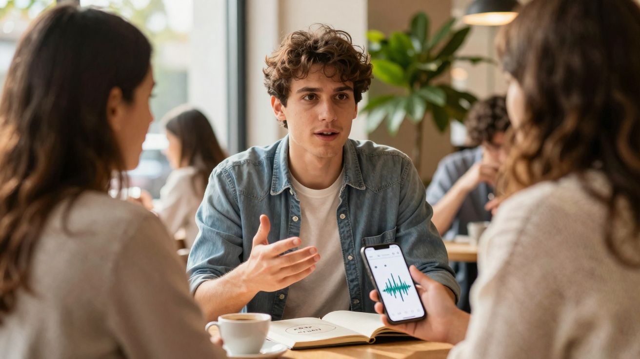 Jovem explica algo a duas mulheres numa mesa de café, enquanto uma delas mostra ondas sonoras no telemóvel.