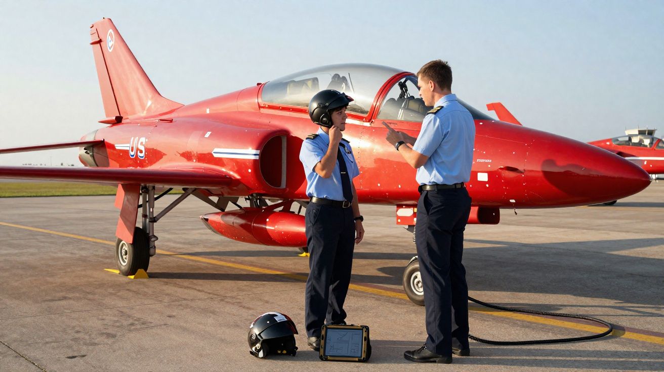 Dois pilotos de uniforme azul junto a avião de treino militar vermelho no aeroporto durante o dia.