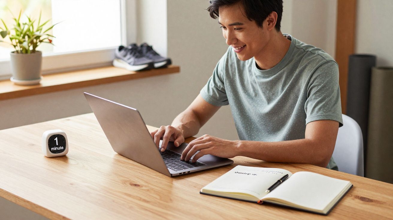 Jovem sentado a sorrir a trabalhar num portátil, com caderno e timer numa mesa de madeira clara.