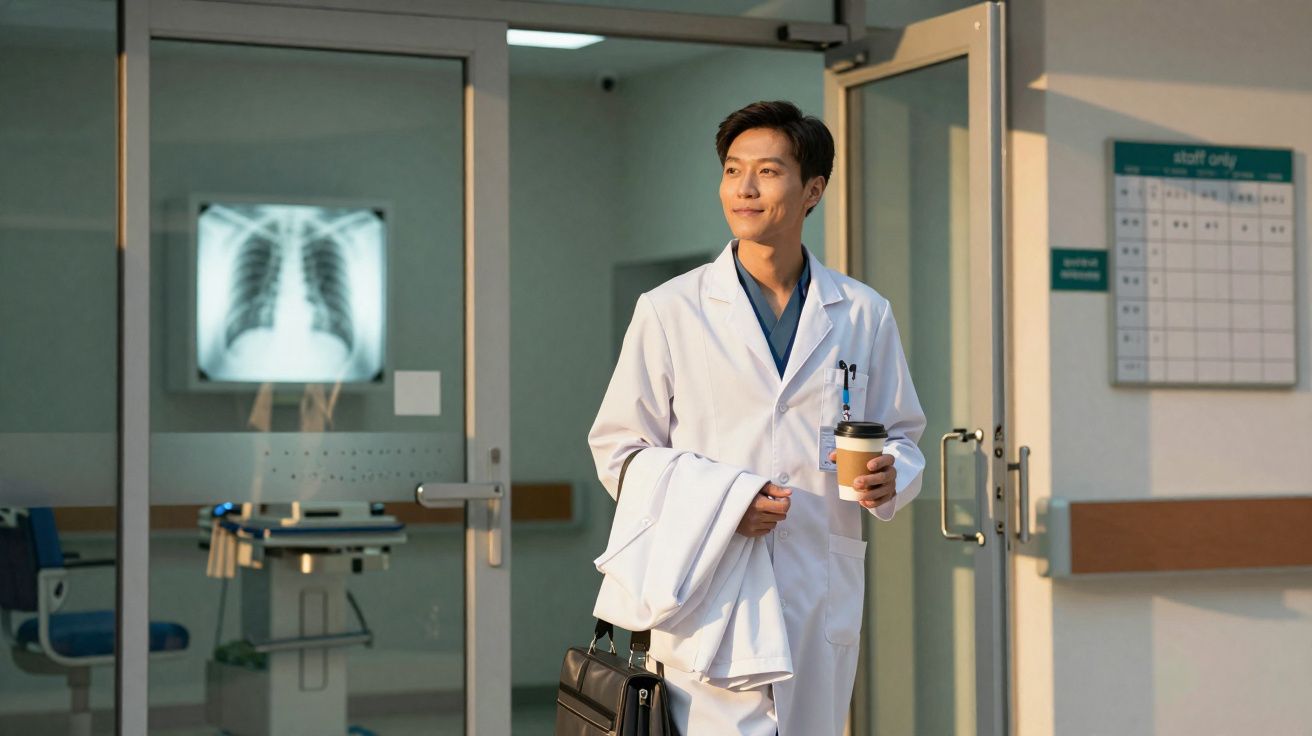 Médico asiático em bata branca segura café e pasta ao sair de sala de exames com raio-X ao fundo.