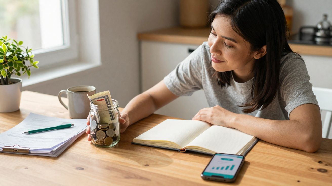 Jovem sorridente segura um mealheiro com moedas e notas numa mesa com caderno, telemóvel e papéis.