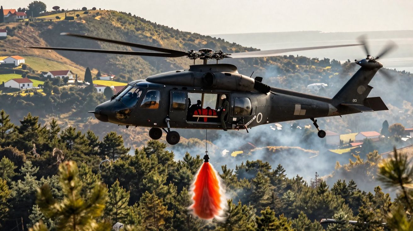 Helicóptero militar em voo suspende balde de água vermelha para combate a incêndio florestal.