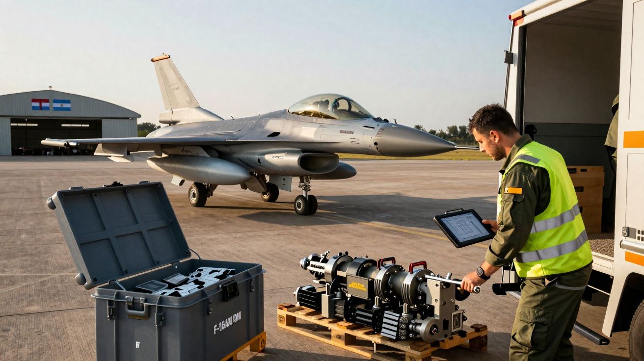 Técnico em fardamento com colete amarelo junto a equipamento e caça militar F-16 na pista de um aeródromo.