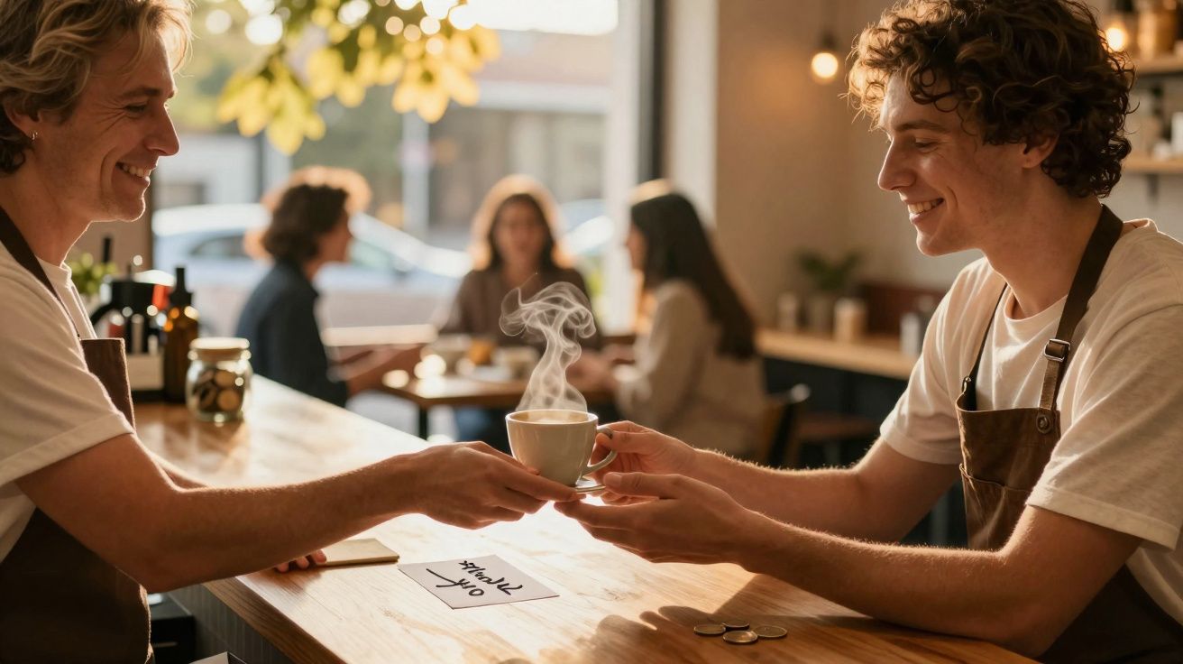 Dois jovens com aventais trocando uma chávena de café fumegante num café acolhedor.