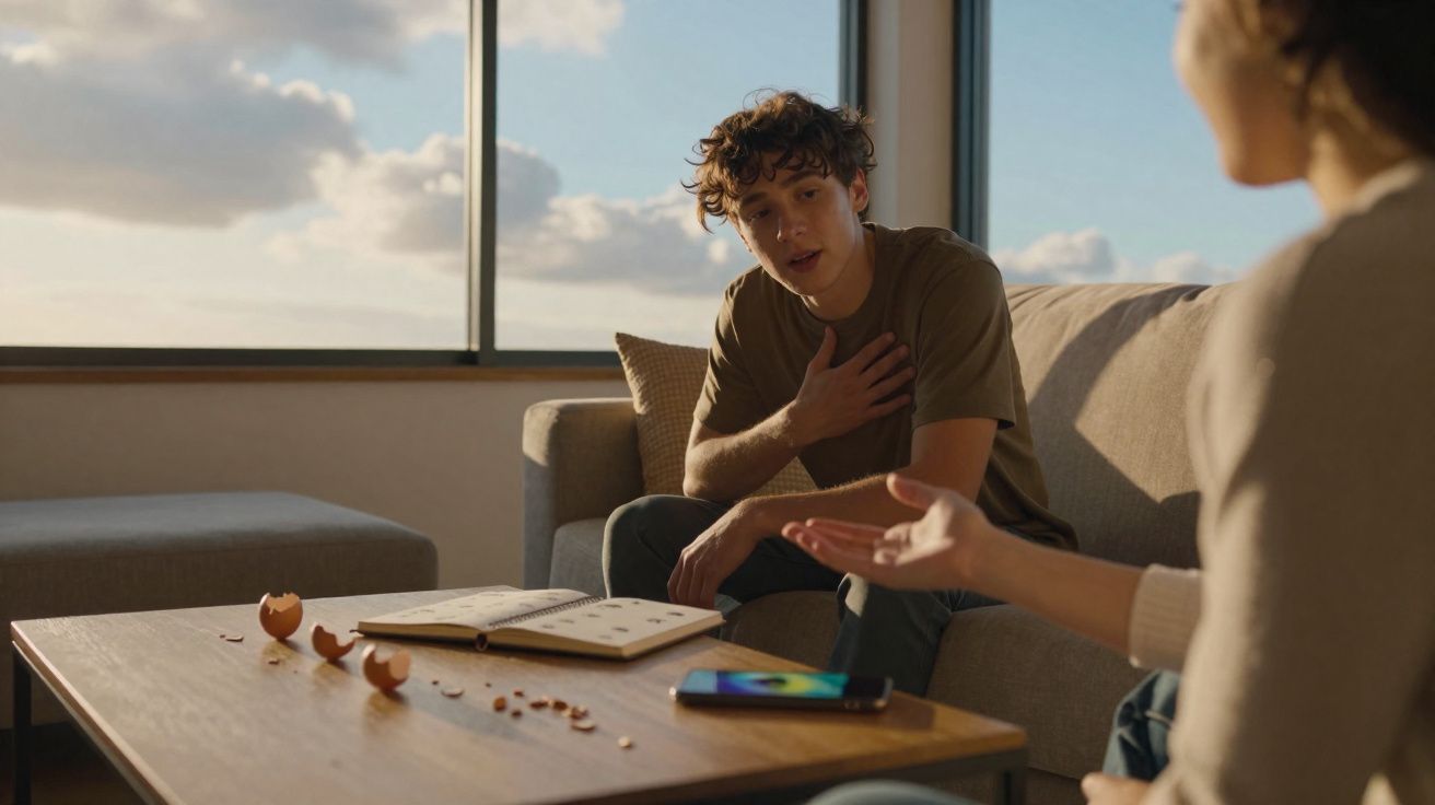 Dois jovens sentados no sofá, um parece preocupado e gesticula com a mão na mão no peito.