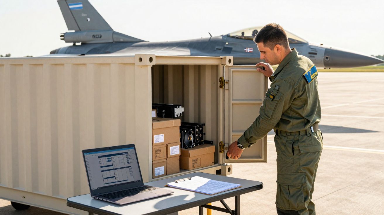 Militar junto a contentor aberto com caixas e portátil, com caça estacionado ao fundo, em pista aérea.