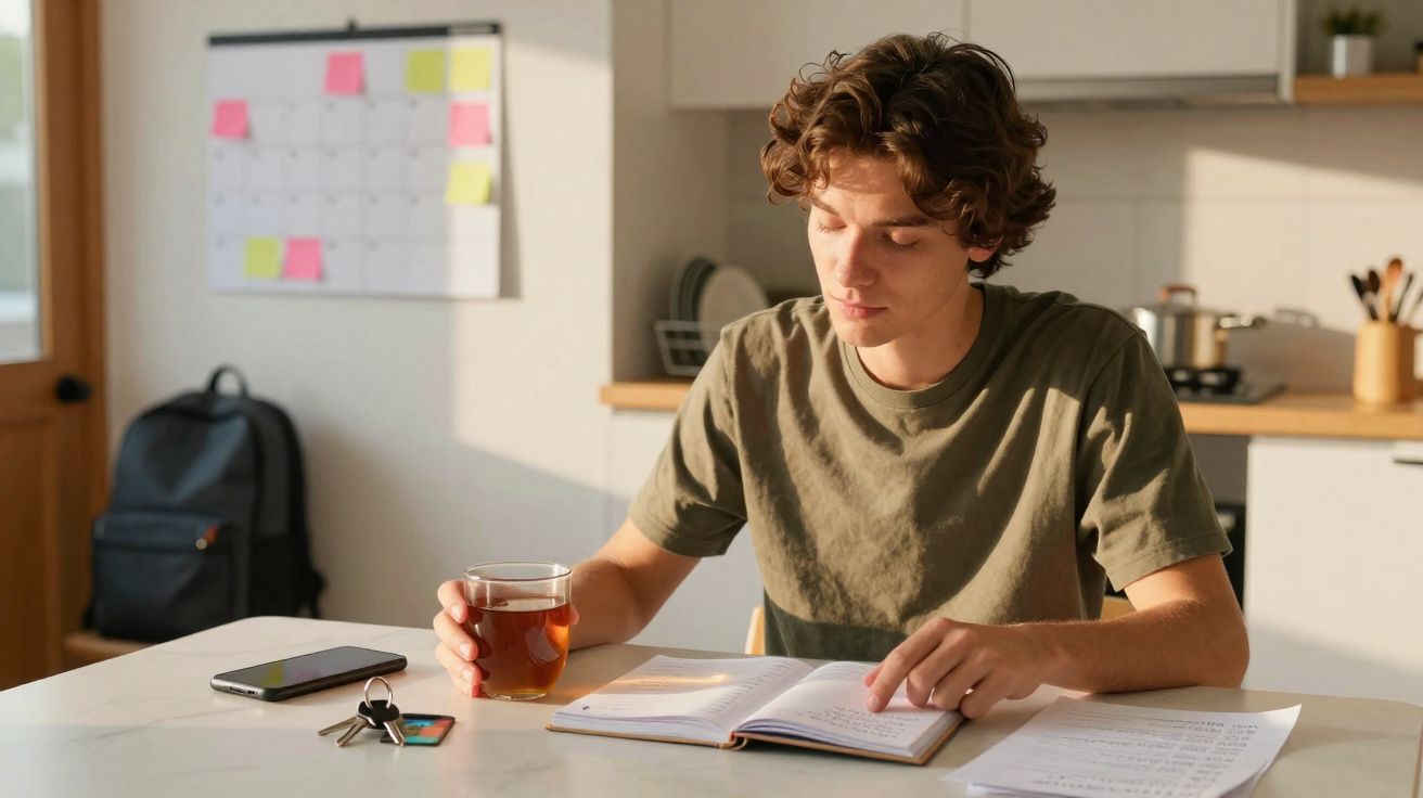 Jovem sentado à mesa a ler um caderno e beber chá na cozinha iluminada pelo sol.