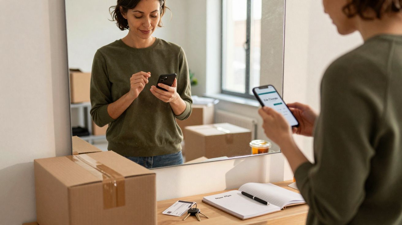 Mulher a usar telemóvel à frente de um espelho, com caixas, chaves e caderno numa mesa à sua frente.