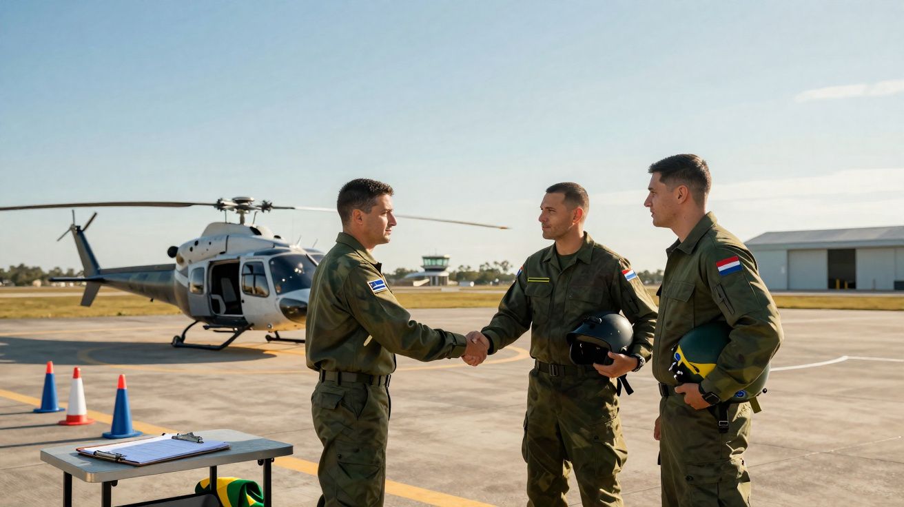 Três militares em uniforme verde num heliporto, com um helicóptero ao fundo, dois deles a cumprimentarem-se.