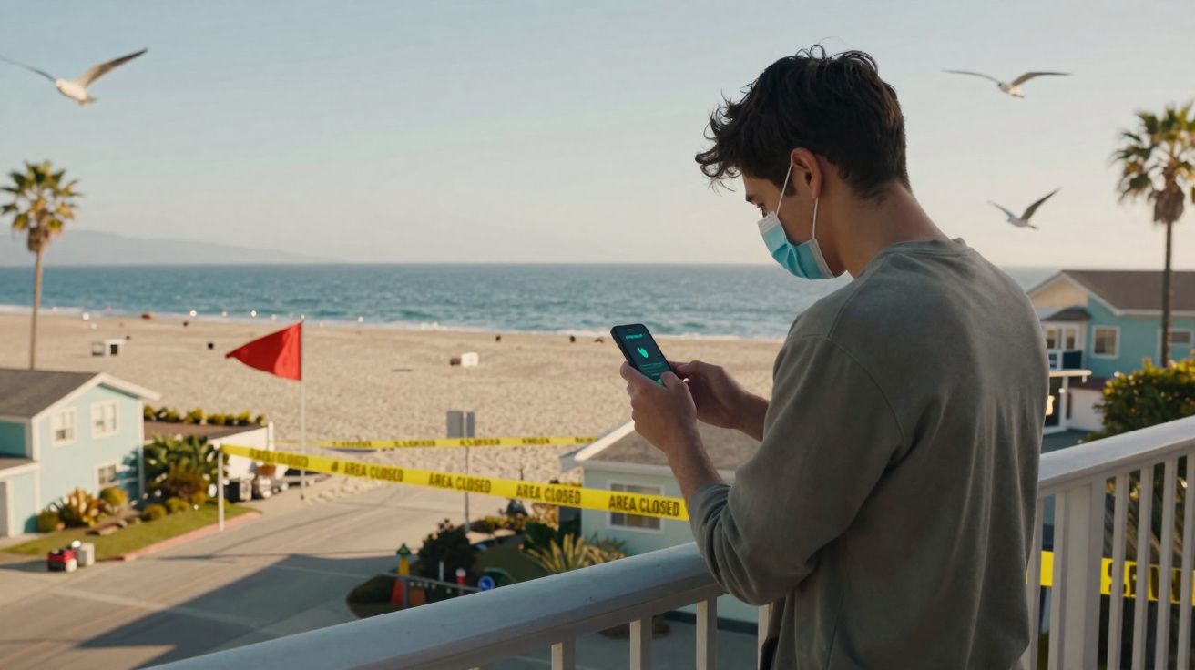 Homem com máscara segura telemóvel numa varanda perto de praia fechada com fitas amarelas e bandeira vermelha.