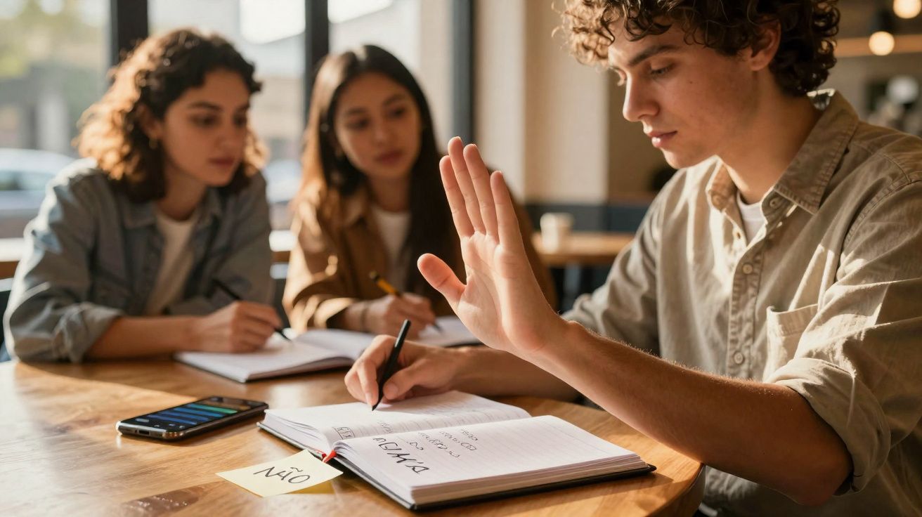 Grupo de jovens em mesa, rapaz levanta a mão enquanto duas raparigas observam e tomam notas.