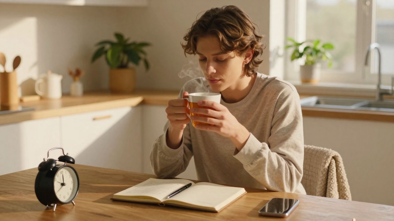 Jovem sentado numa cozinha, segurando uma caneca quente, com caderno, caneta, telemóvel e relógio na mesa.
