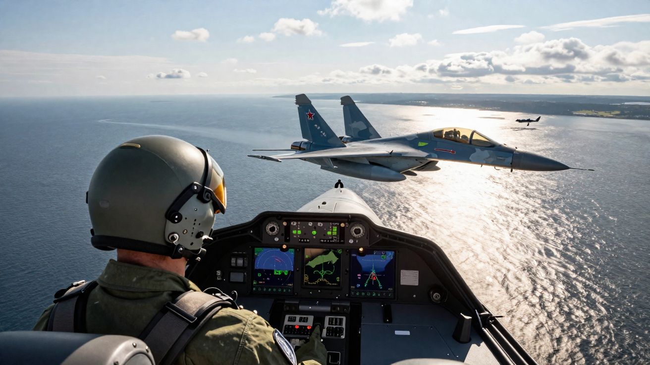 Piloto a voar caça militar com outros dois jatos sobre o mar sob céu nublado e horizonte visível.