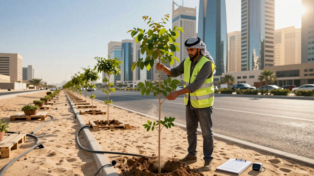 Homem com colete refletor a plantar árvore jovem numa berma de estrada urbana com arranha-céus ao fundo.