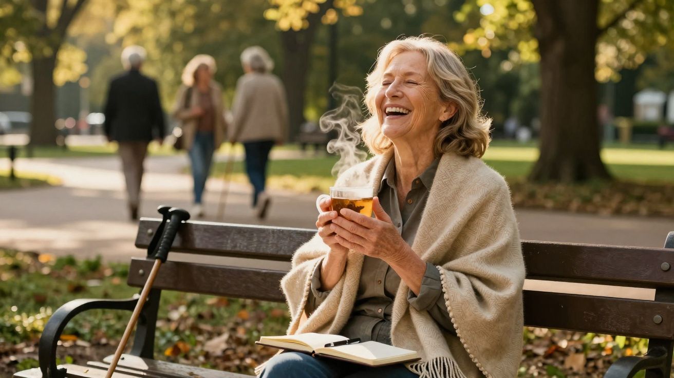 Mulher idosa sentada num banco de parque, sorrindo e segurando chá quente numa chávena.