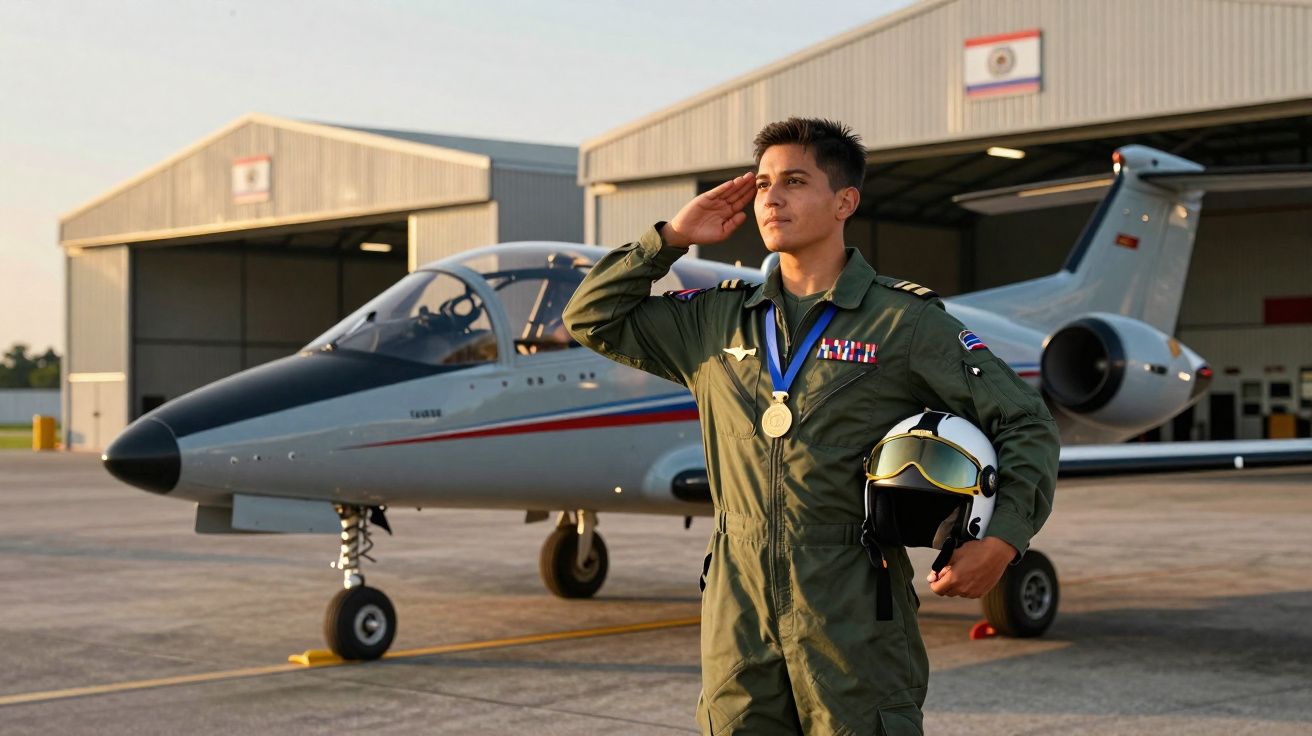 Piloto militar em fato de voo com medalha, a fazer continência em frente a avião num aeroporto.