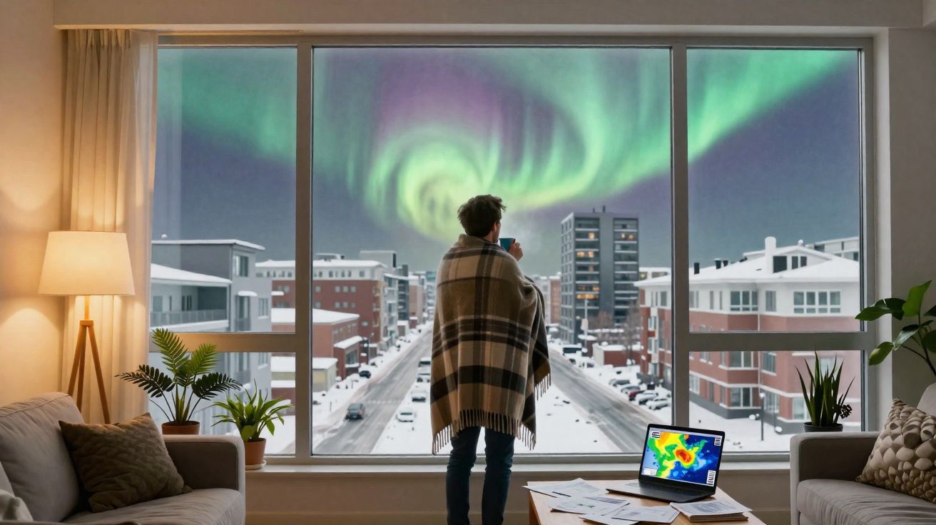 Pessoa com manta observa aurora boreal pela janela grande numa sala aconchegante com neve do lado de fora.
