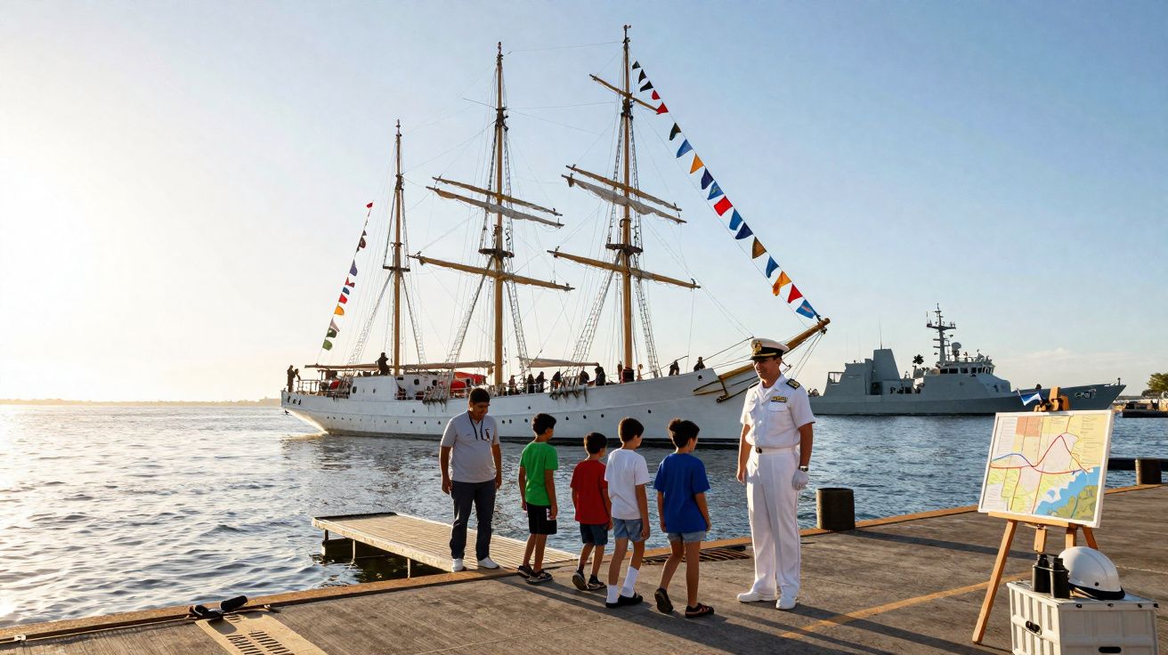 Crianças e marinheiro num cais junto a veleiro branco com bandeiras coloridas ao pôr do sol.