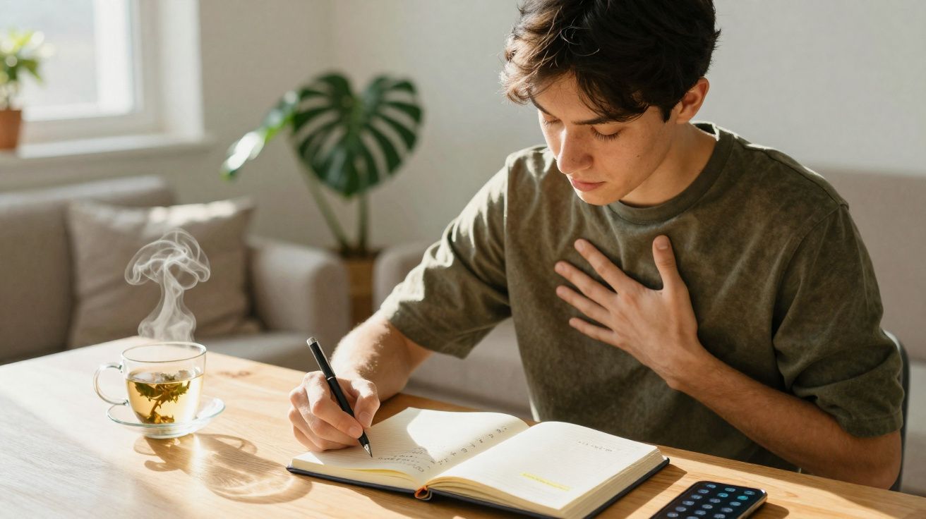 Jovem sentado a escrever num caderno com chá quente a fumegar numa mesa iluminada pela luz natural.